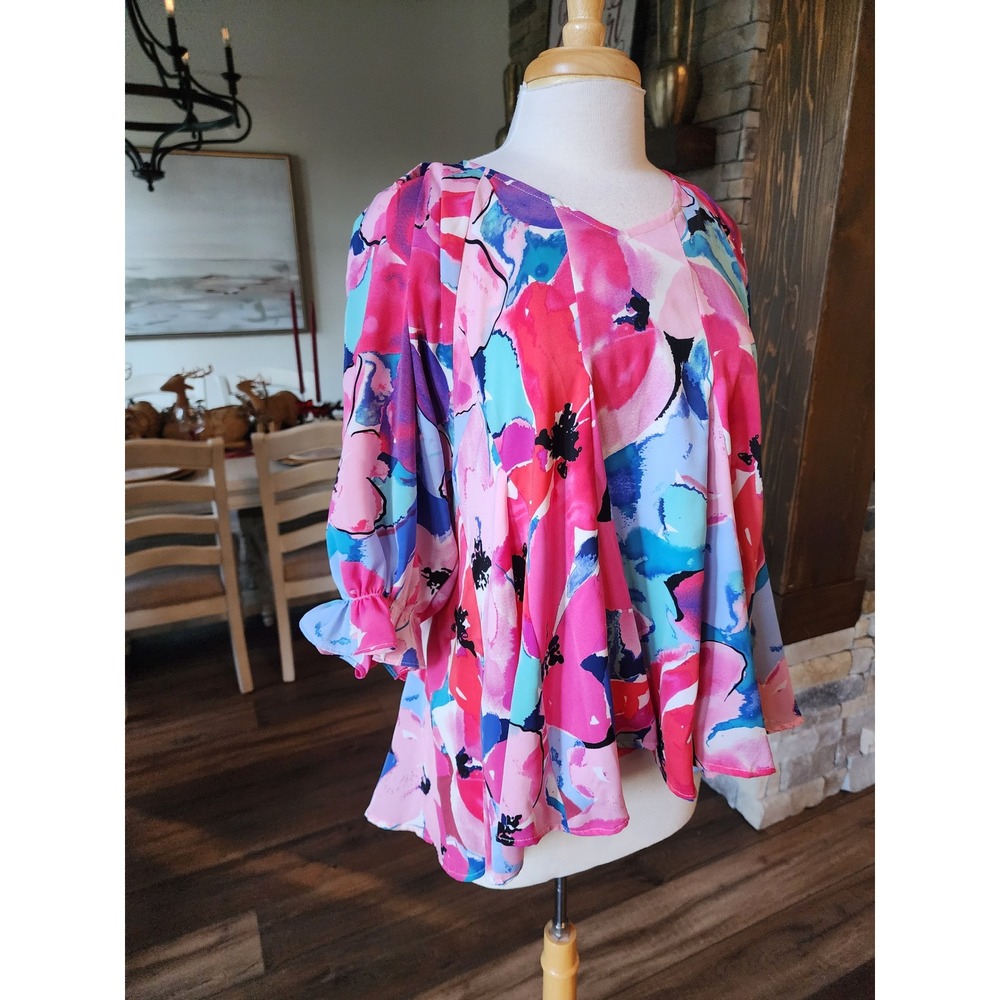 Umgee Watercolor Multi-Color Floral V-Neck Tunic Top Oversized Women's Size S